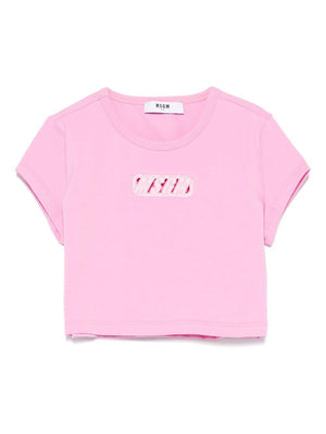 T-shirt crop per bambina MSGM Kids rosa in jersey con ricamo con logo frontale
