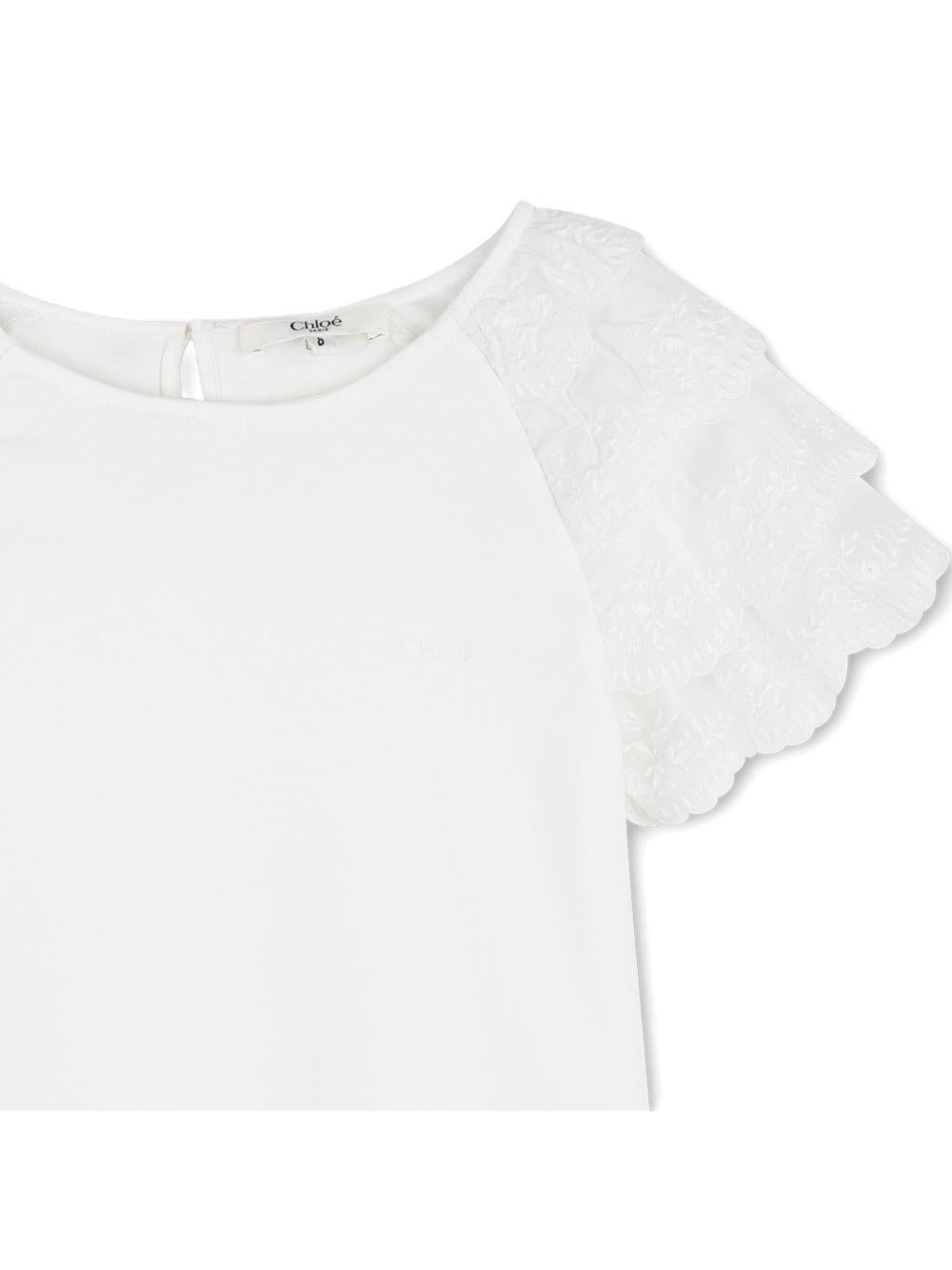 T-shirt per bambina Chloé Kids bianca con maniche a ruches - Rubino Kids