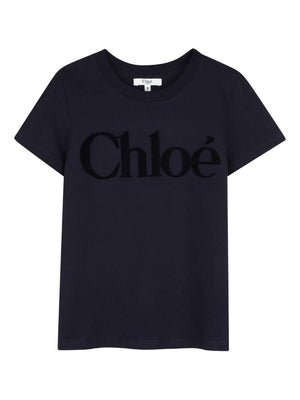 T-shirt per bambina Chloé Kids blu con logo sul davanti