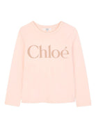 T-shirt per bambina Chloé Kids rosa a maniche lunghe con logo - Rubino Kids