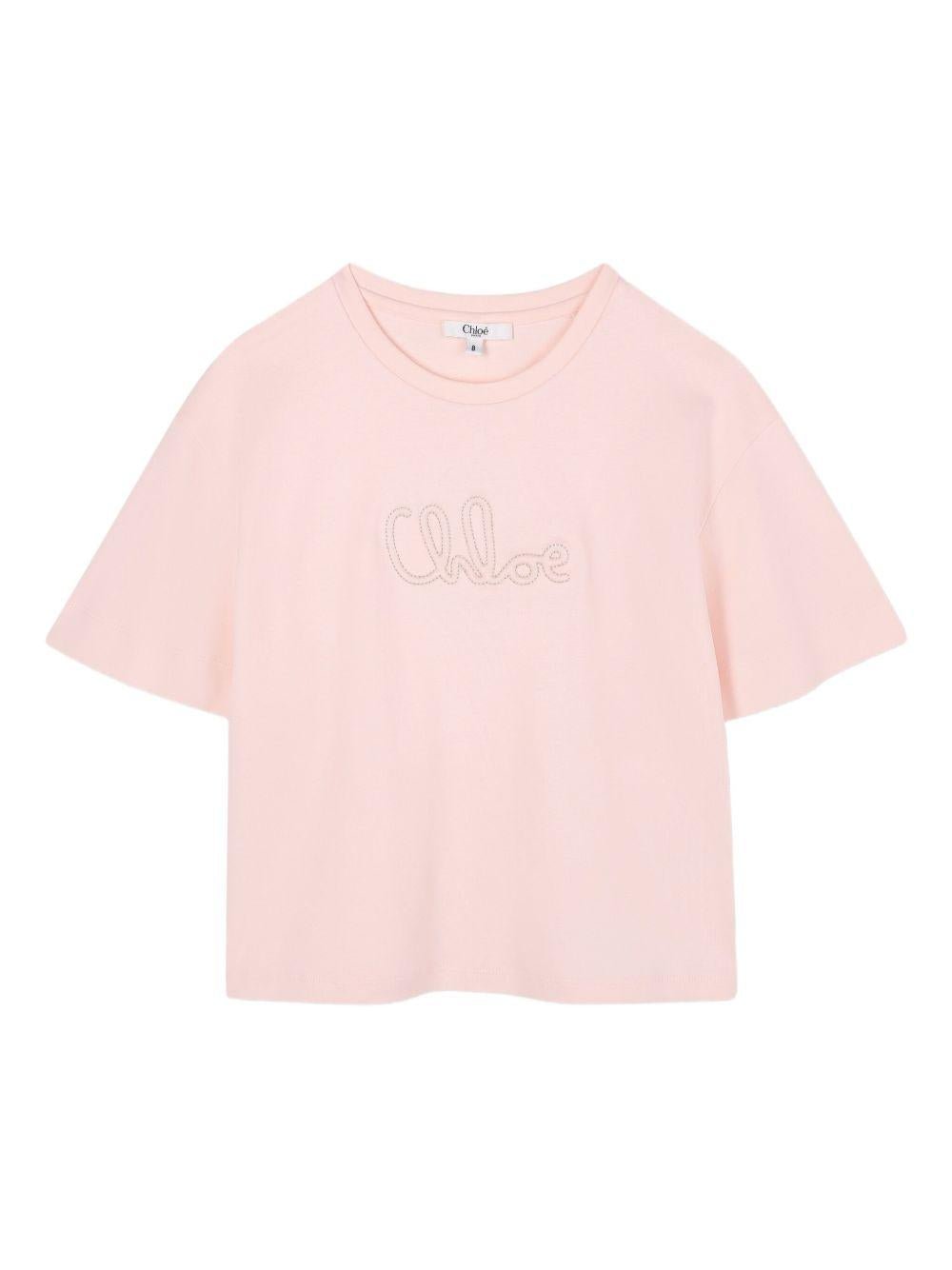 T-shirt per bambina Chloé Kids rosa con logo - Rubino Kids