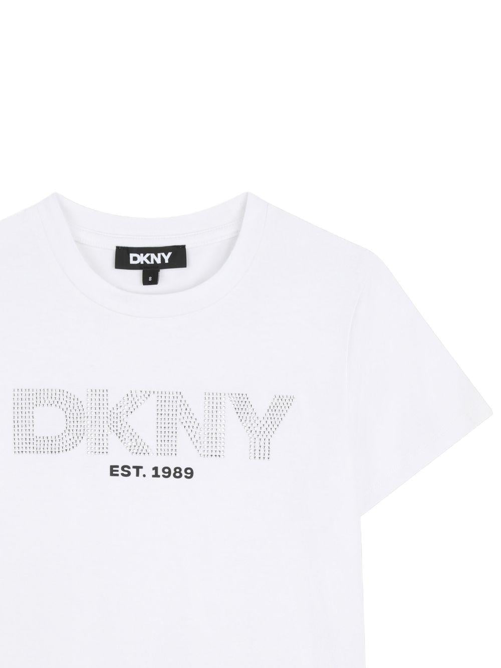 T-shirt per bambina Dkny Kids bianca con logo con strass - Rubino Kids