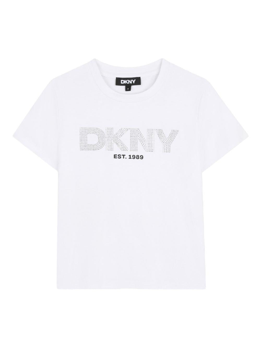 T-shirt per bambina Dkny Kids bianca con logo con strass - Rubino Kids