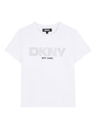 T-shirt per bambina Dkny Kids bianca con logo con strass - Rubino Kids