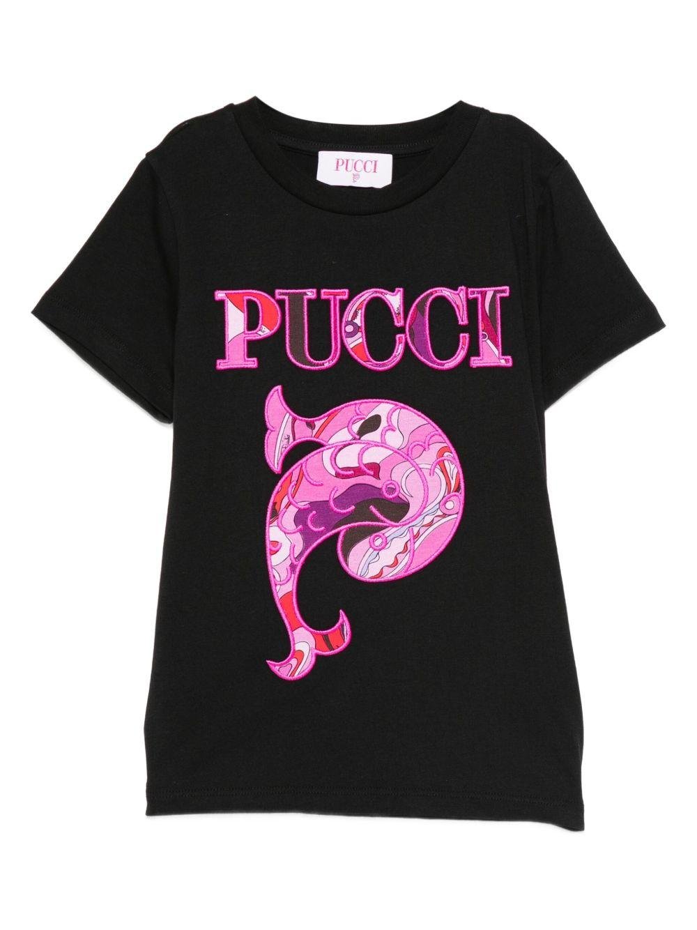 T-shirt per bambina Emilio Pucci Junior nero con stampa paisley<BR/> - Rubino Kids