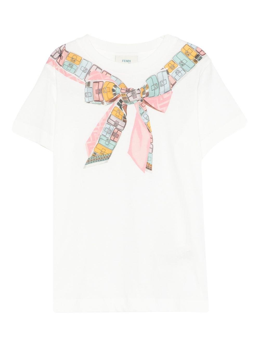 T-shirt per bambina Fendi Kids bianca con stampa fiocco sul davanti - Rubino Kids