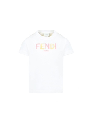 Fendi Kids white T-shirt for girls with logo on the front and vertical stripes on the back