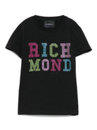T-shirt per bambina John Richmond Junior nero con logo e orlo dritto - Rubino Kids