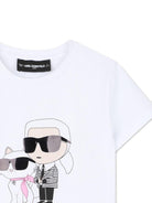 T-shirt per bambina Karl Lagerfeld Kids bianca con stampa Karl e Choupette sul davanti - Rubino Kids