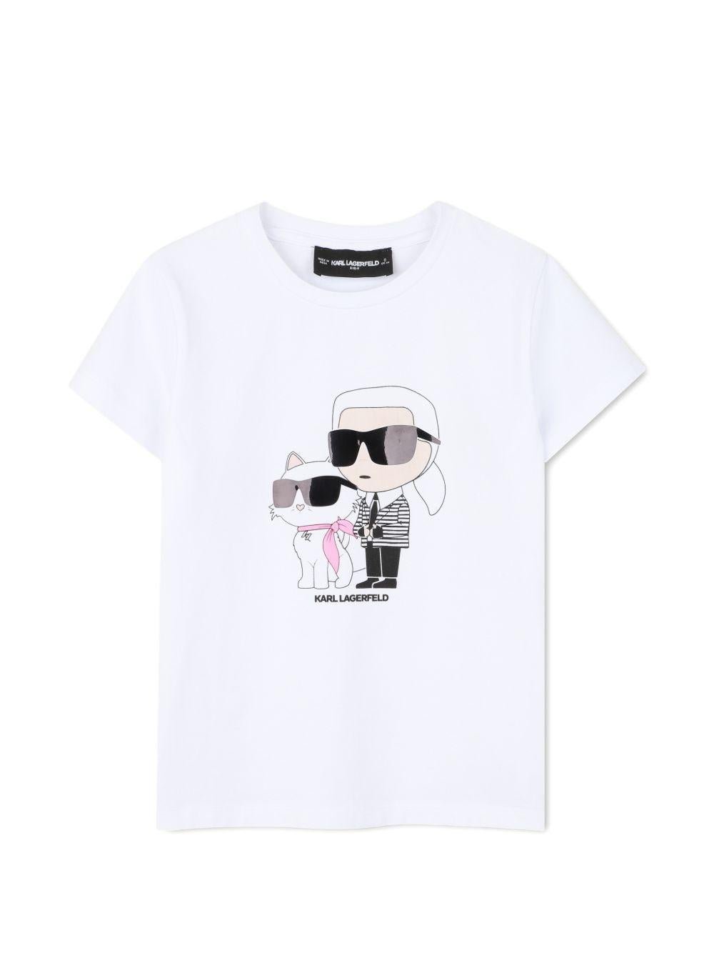 T-shirt per bambina Karl Lagerfeld Kids bianca con stampa Karl e Choupette sul davanti - Rubino Kids