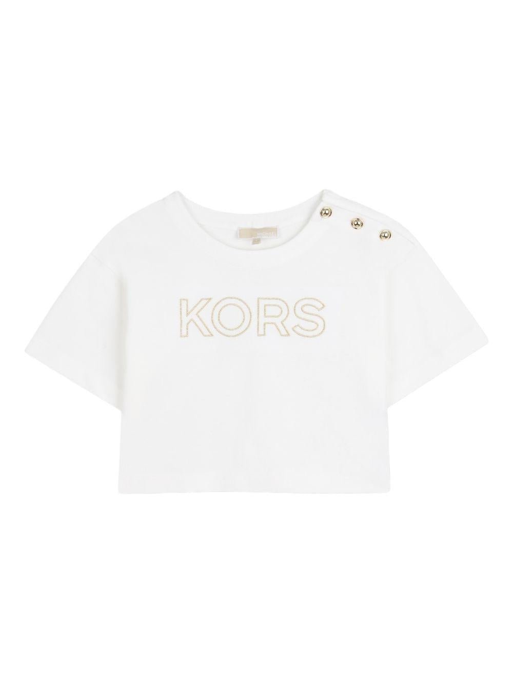 T-shirt per bambina Michael Kors Kids bianca con bottoni sulla spalla - Rubino Kids