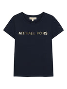T-shirt per bambina Michael Kors Kids blu con logo dorato - Rubino Kids