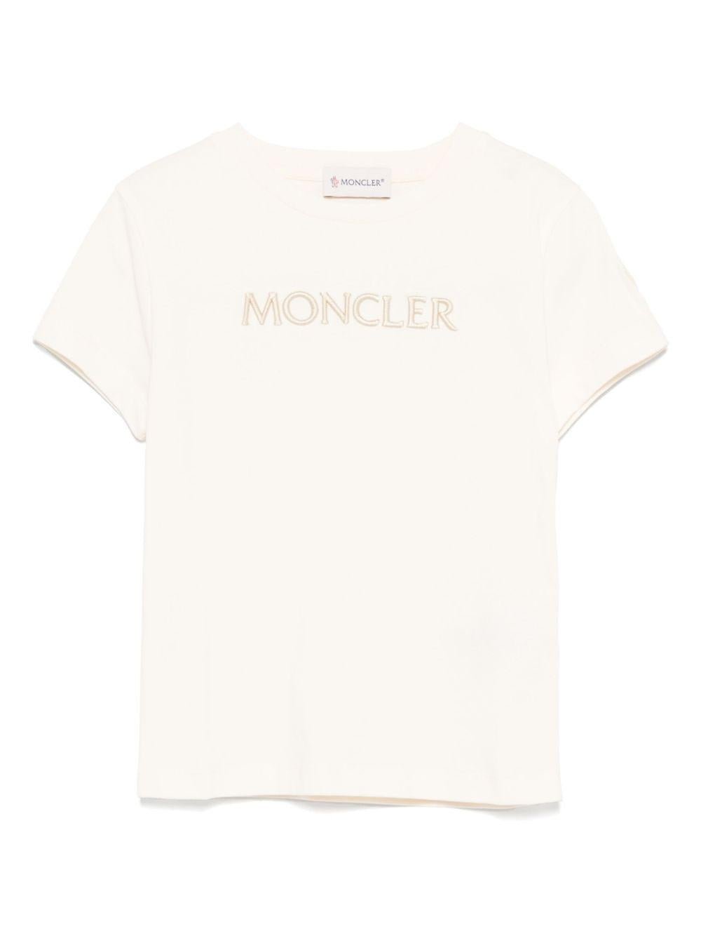 T-shirt per bambina Moncler Enfant beige chiaro con logo ricamato sul davanti - Rubino Kids