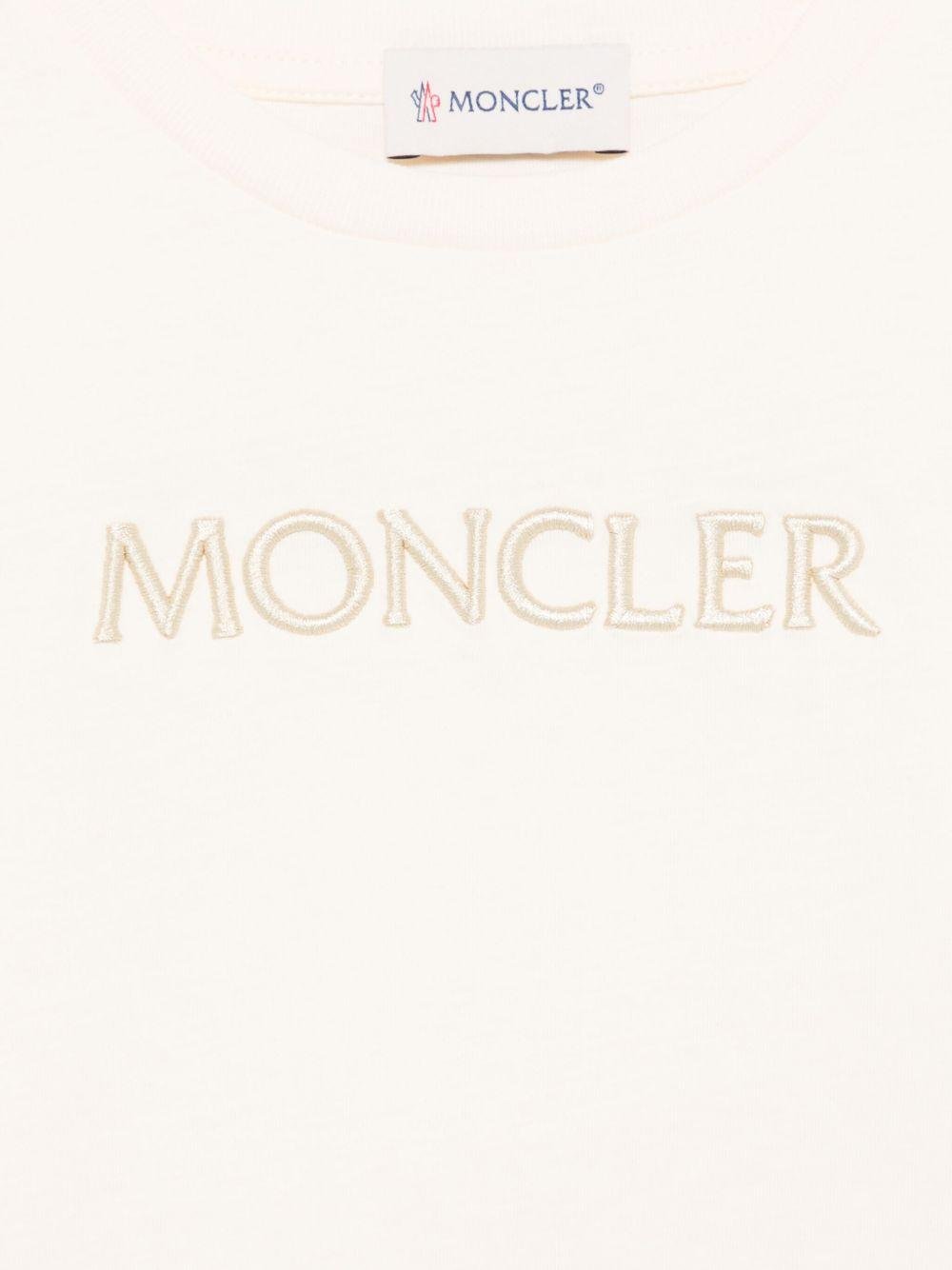 T-shirt per bambina Moncler Enfant beige chiaro con logo ricamato sul davanti - Rubino Kids
