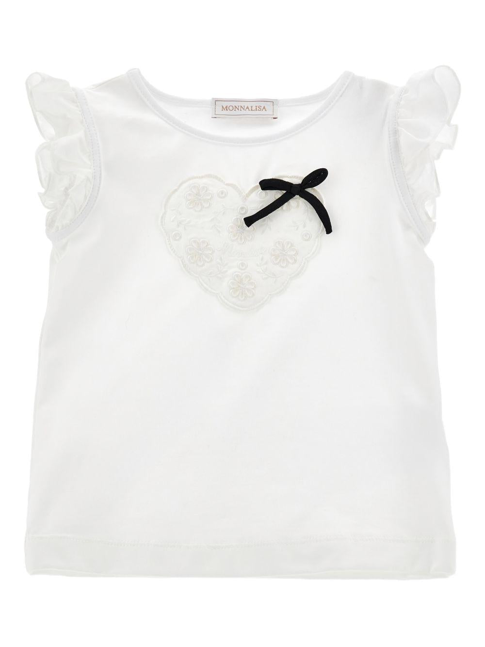 T-shirt per bambina Monnalisa bianca con ruches e applicazione a cuore - Rubino Kids