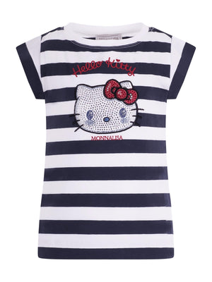 Monnalisa blue T-shirt for girls with striped pattern and decorative print