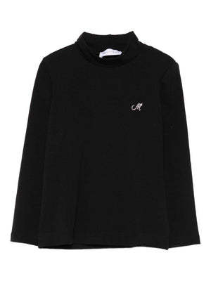 Monnalisa black T-shirt for girls with rhinestone decorations