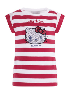 Monnalisa red striped T-shirt for girls with graphic print on the front