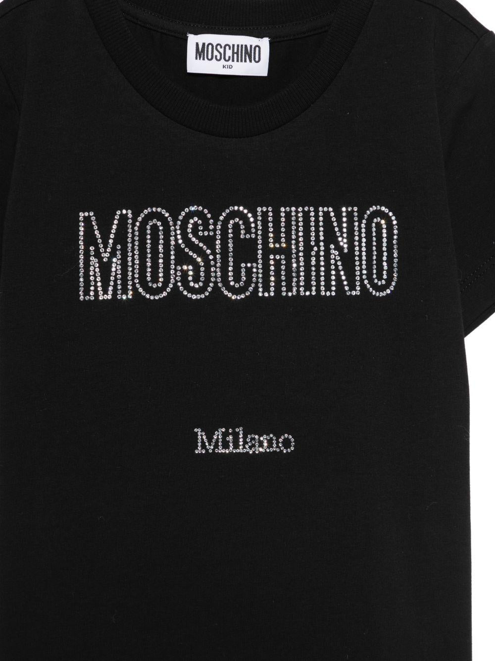 T-shirt per bambina Moschino Kids nera con logo in strass - Rubino Kids