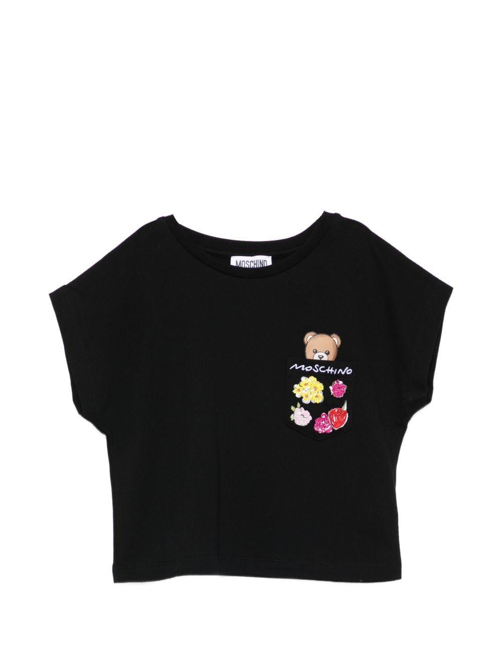 T-shirt per bambina Moschino Kids nera con stampa Teddy Bear - Rubino Kids