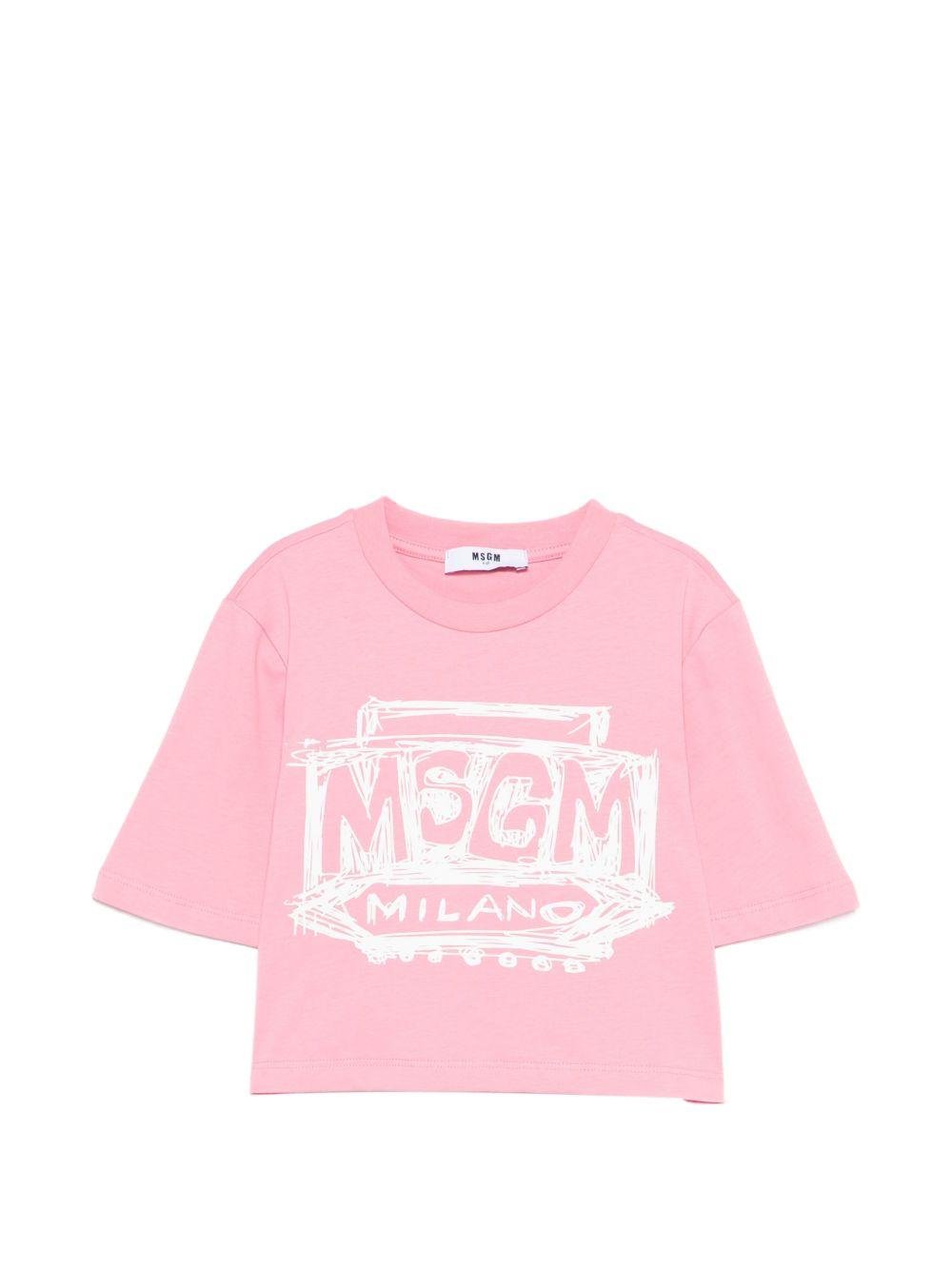T-shirt per bambina MSGM Kids rosa con stampa logo sul davanti - Rubino Kids