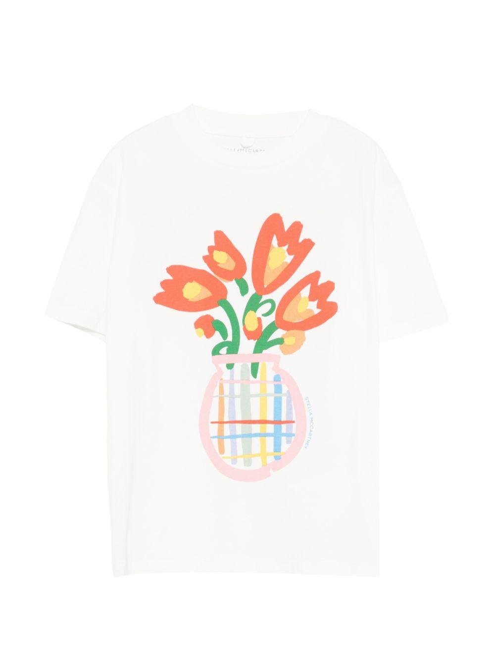 T-shirt per bambina Stella McCartney Kids bianca con stampa vaso con fiori - Rubino Kids