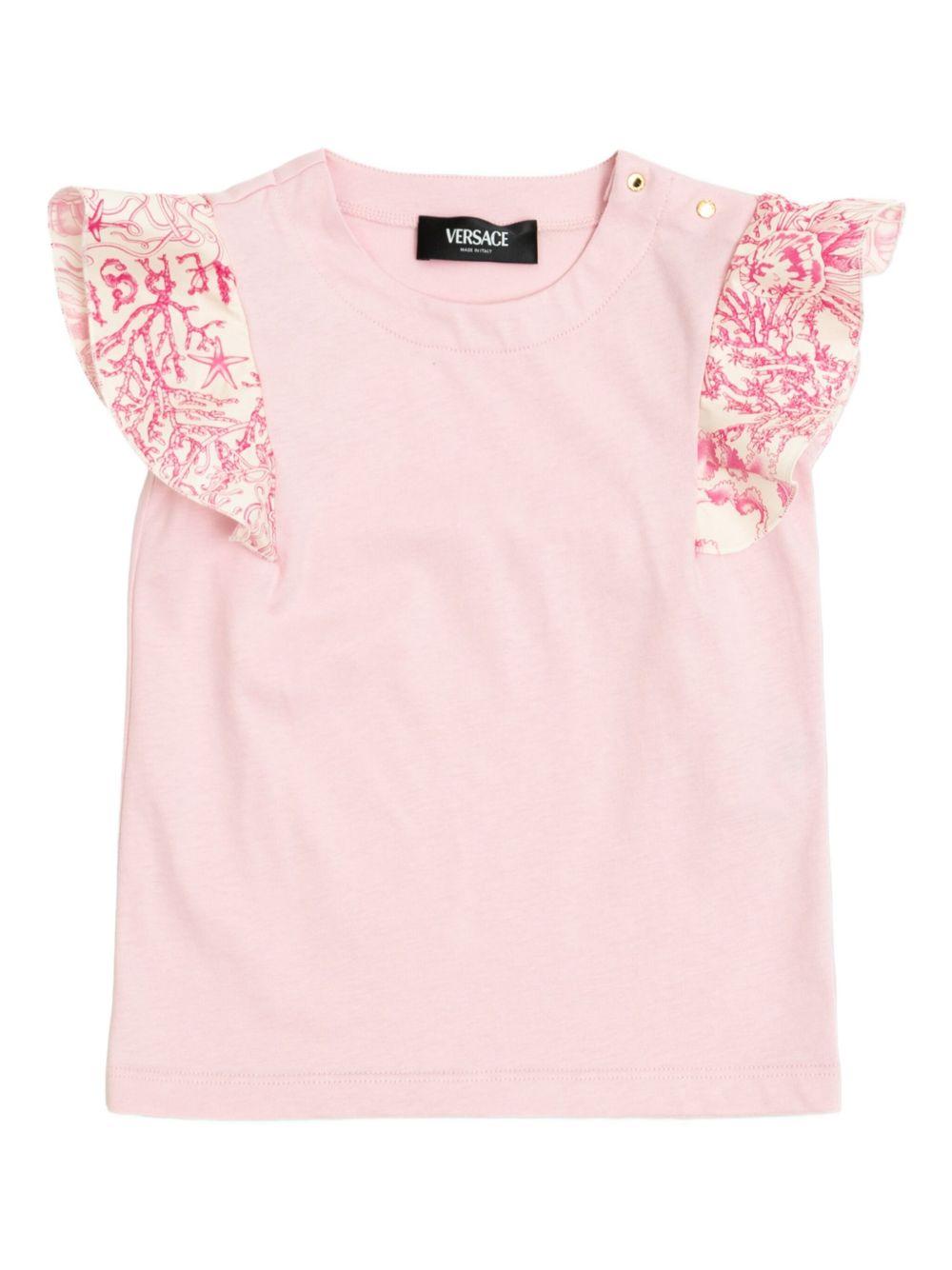 T-shirt per bambina Versace Kids Underwater Barocco rosa con ruches - Rubino Kids