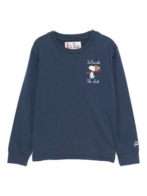 T-shirt per bambini MC2 Saint Barth Kids blu con ricamo Snoopy sul davanti