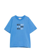 T-shirt per bambini Moschino Kids azzurro con logo sul davanti - Rubino Kids