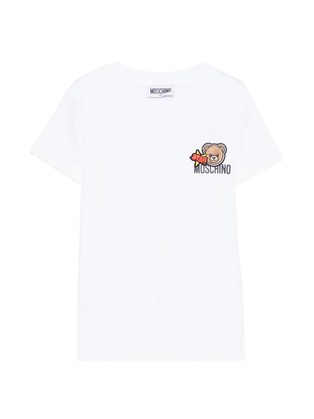 T-shirt per bambini Moschino Kids bianca con ricamo Teddy Bear - Rubino Kids