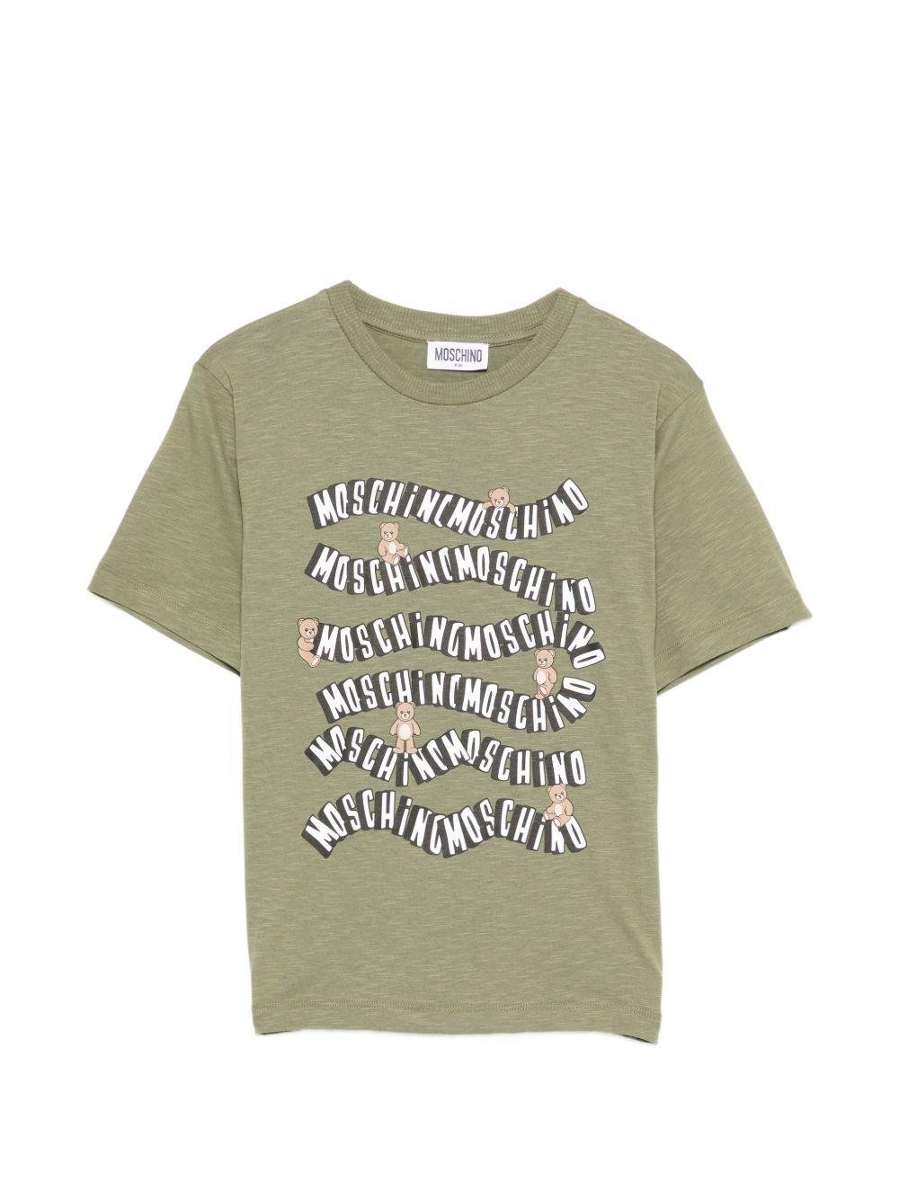 T-shirt per bambini Moschino Kids verde con stampa logo ondulata - Rubino Kids