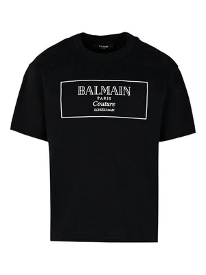 Balmain Kids black T-shirt with embroidered logo and crew neck