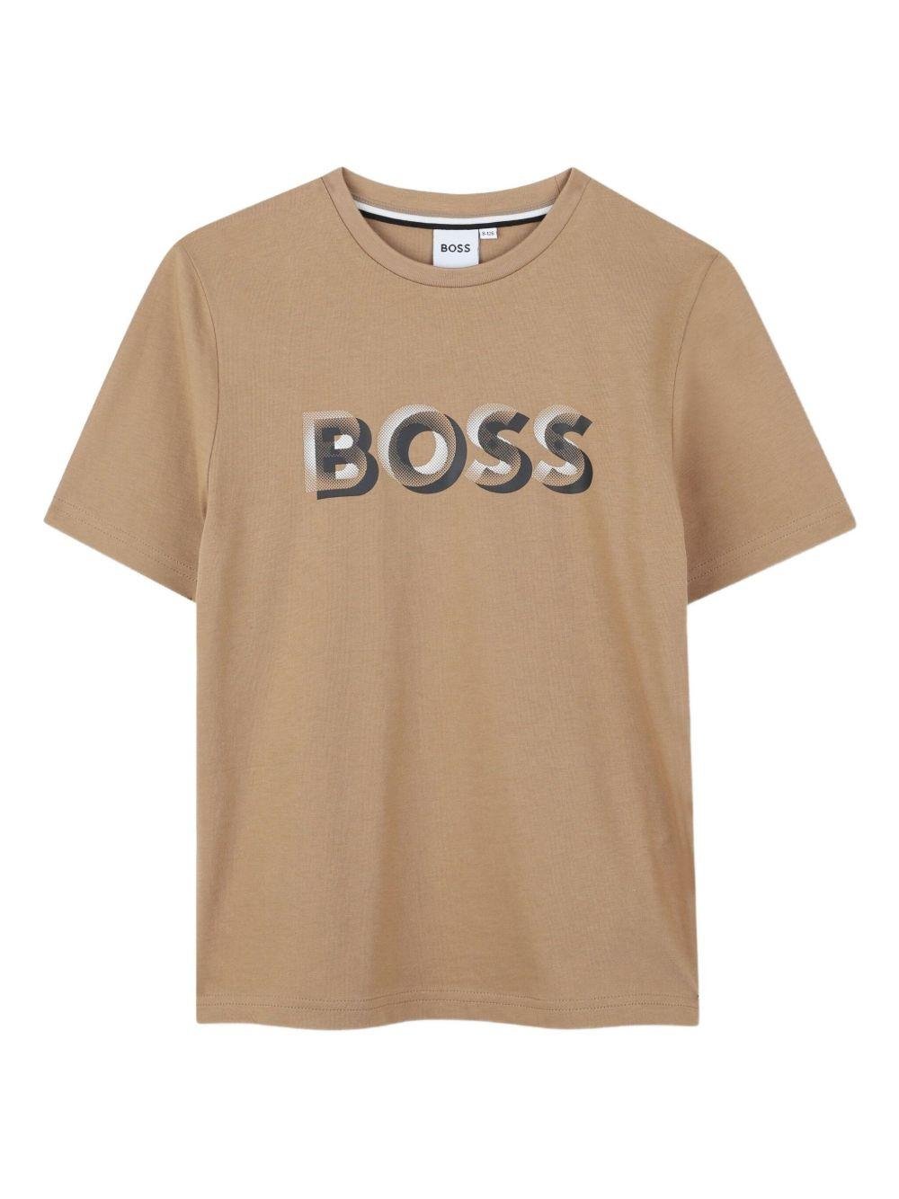 T-shirt per bambino Boss Kids beige con logo a contrasto - Rubino Kids