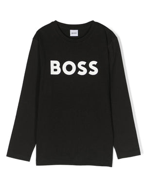 T-shirt per bambino Boss Kids nera con stampa logo sul davanti