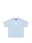 T-shirt per bambino Emporio Armani Kids azzurra con toppa con logo sul davanti - Rubino Kids