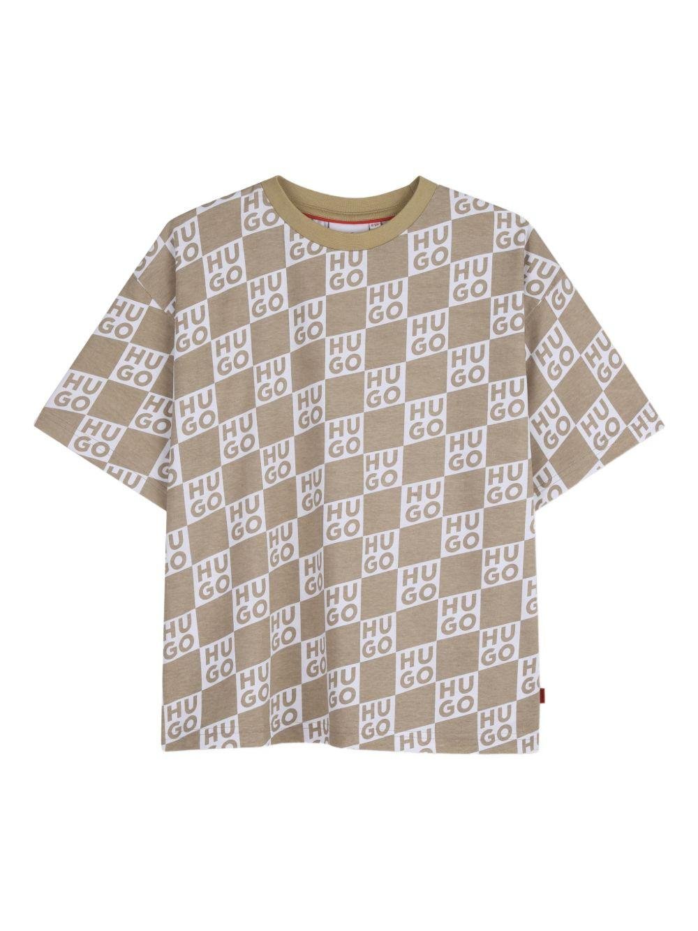 T-shirt per bambino Hugo Kids beige con motivo a quadri - Rubino Kids