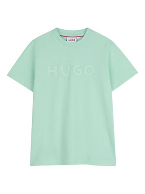 T-shirt per bambino Hugo Kids verde con logo goffrato