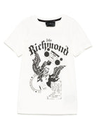 T-shirt per bambino John Richmond Junior bianco con stampa grafica e targhetta con logo - Rubino Kids