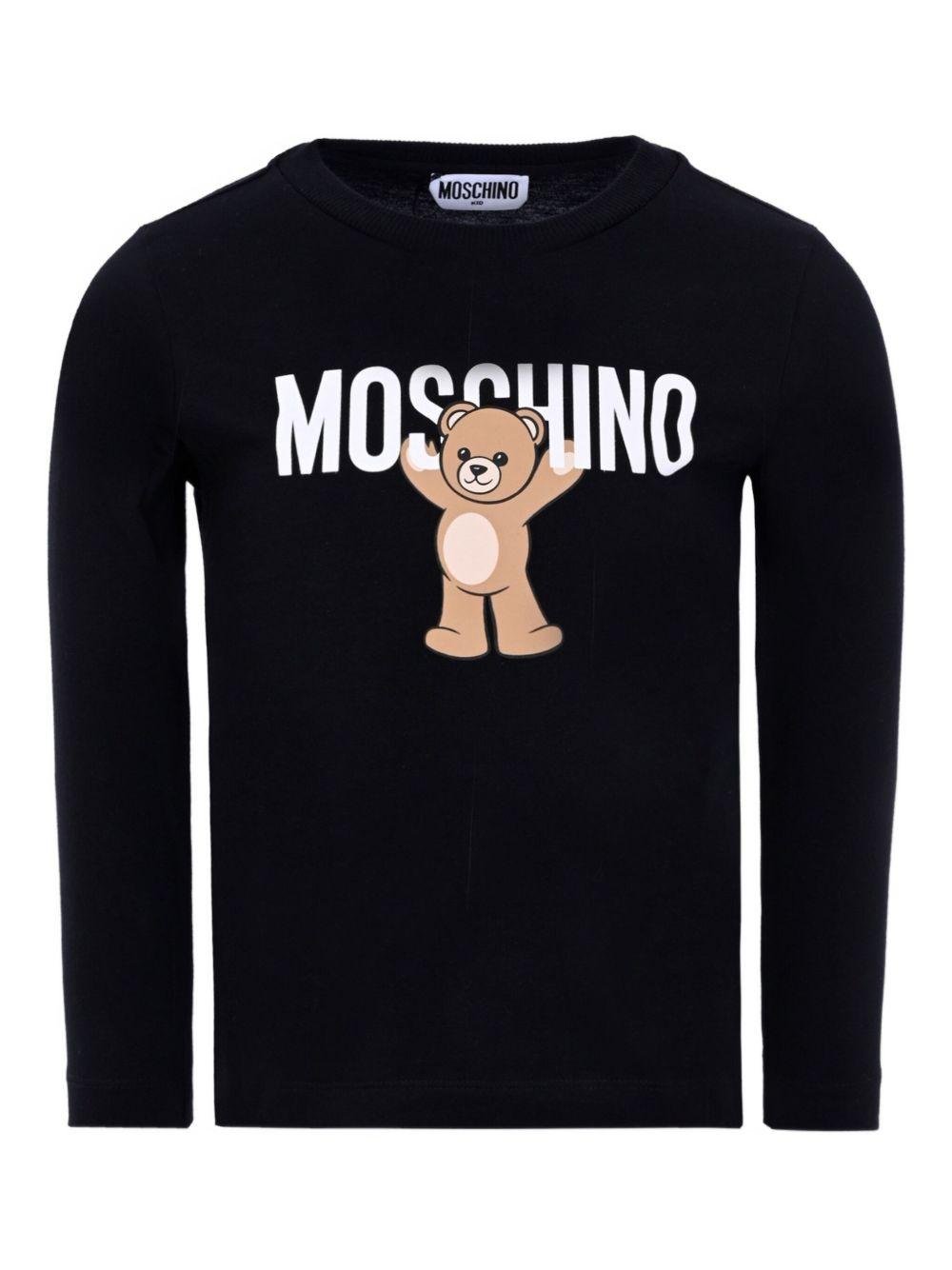 T-shirt per bambino Moschino Kids nero a maniche lunghe con stampa teddy - Rubino Kids