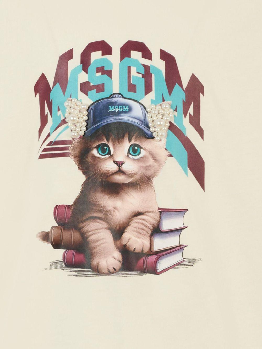 T-shirt per bambino MSGM Kids beige con stampa grafica gatto - Rubino Kids