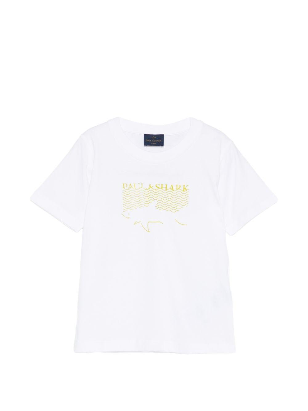T-shirt per bambino Paul & Shark Kids bianca con stampa logo e squalo sul davanti - Rubino Kids