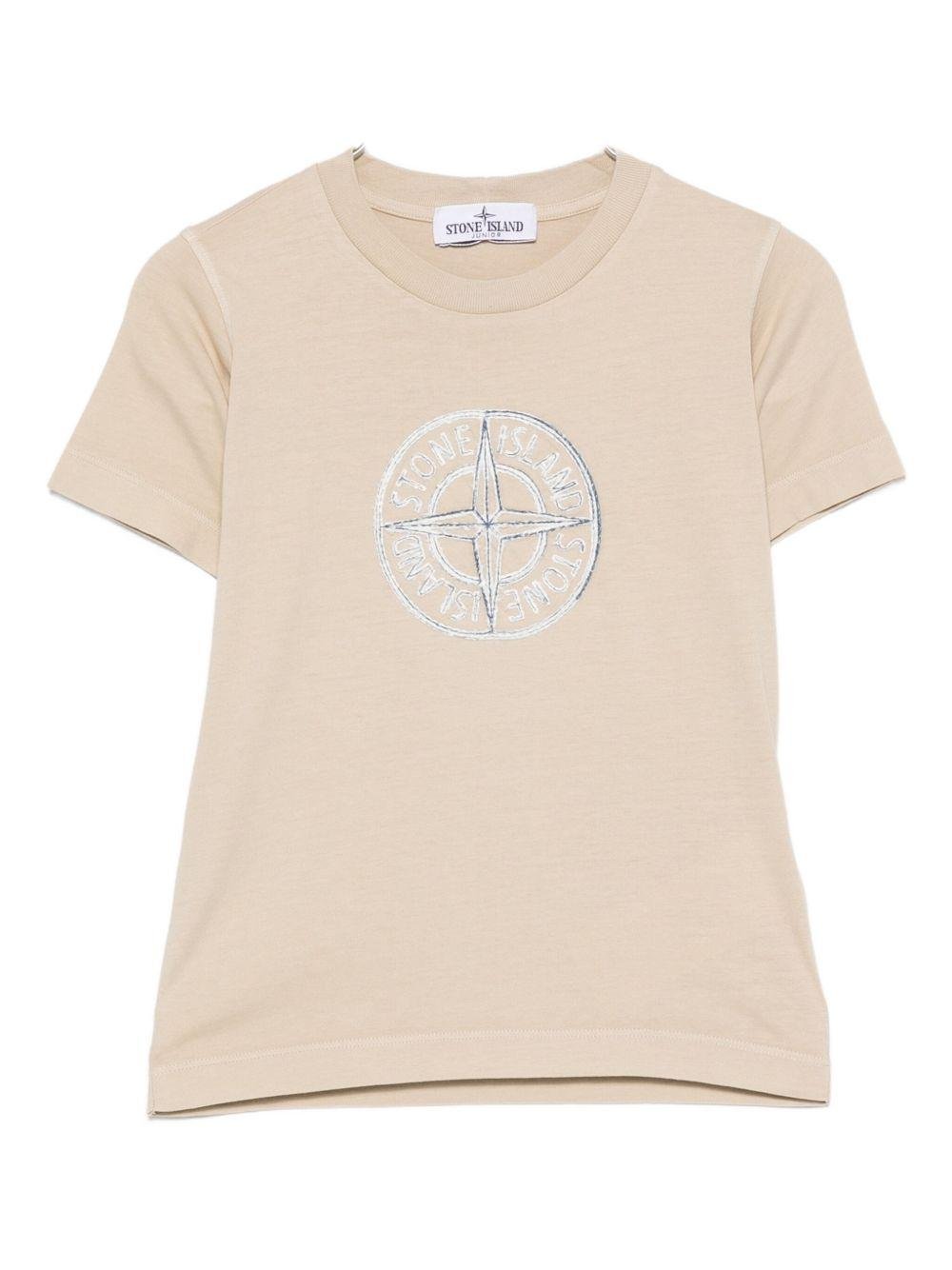 T-shirt per bambino Stone Island Junior beige con caratteristico logo sul davanti - Rubino Kids
