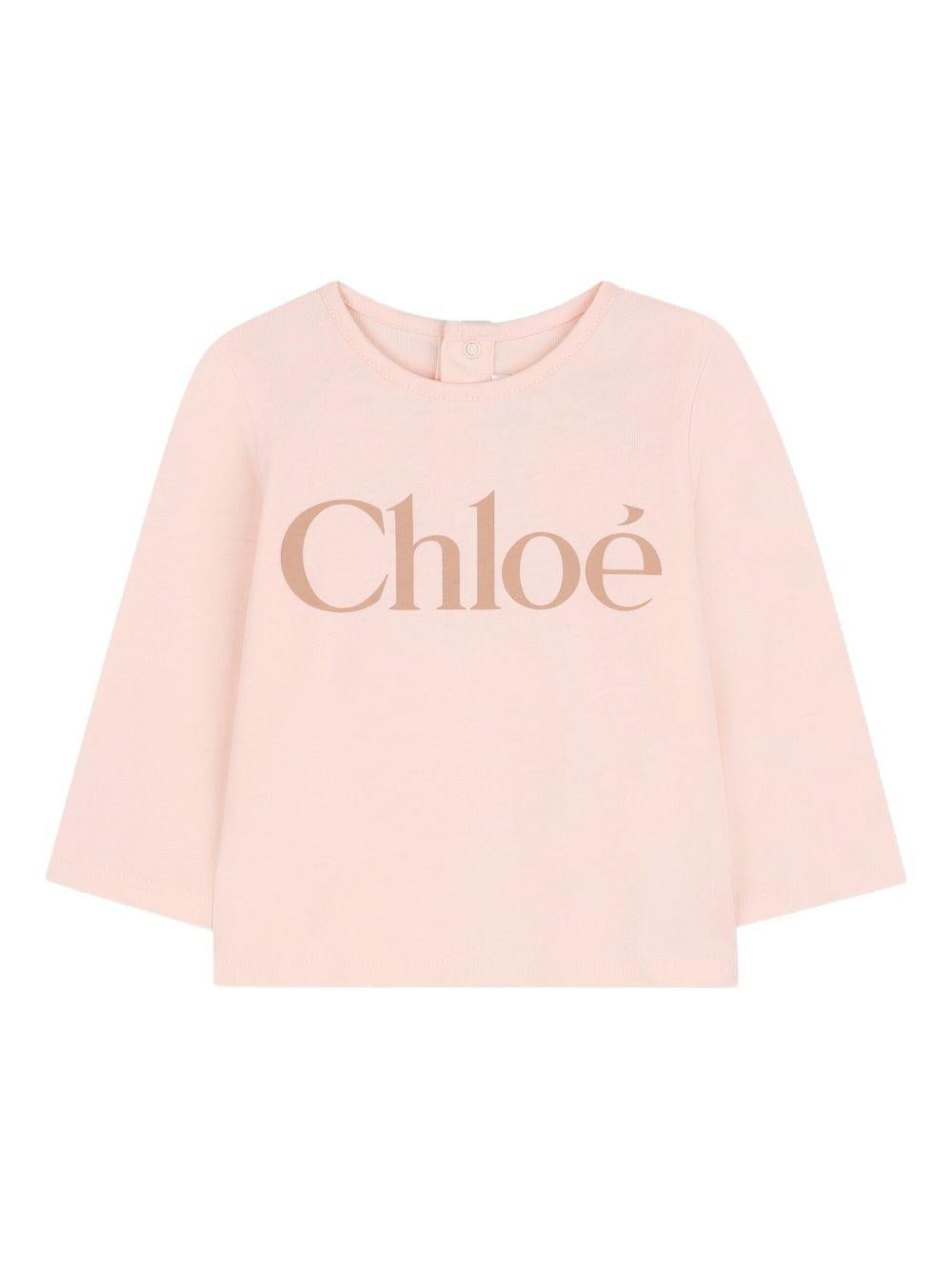 T-shirt per neonata Chloé Kids rosa a maniche lunghe con logo - Rubino Kids