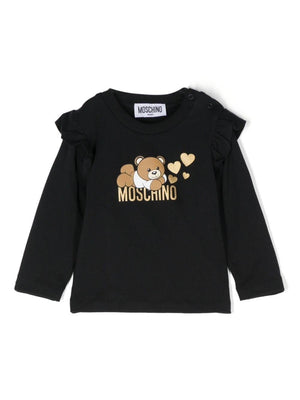 Moschino Kids black baby girl T-shirt with Teddy Bear print and ruffles
