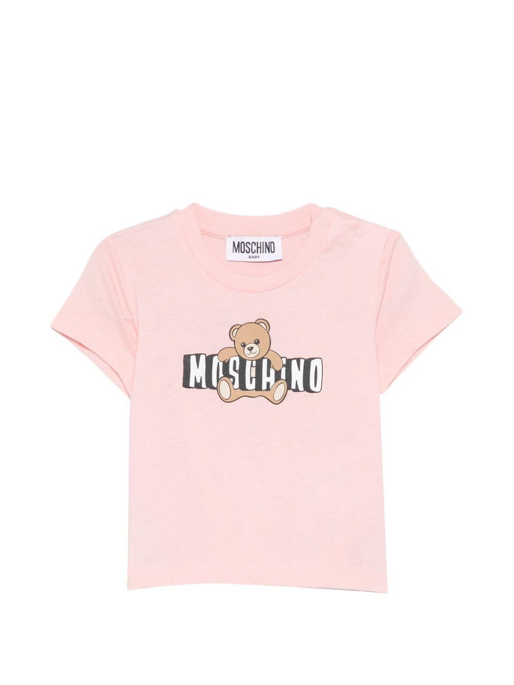 T-shirt per neonata Moschino Kids rosa con logo sul davanti - Rubino Kids