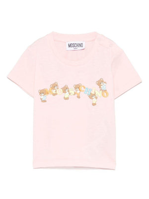 Moschino Kids pink baby girl T-shirt with embroidered Teddy Bear logo