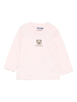 Moschino Kids pink baby girl T-shirt with embroidered teddy bear
