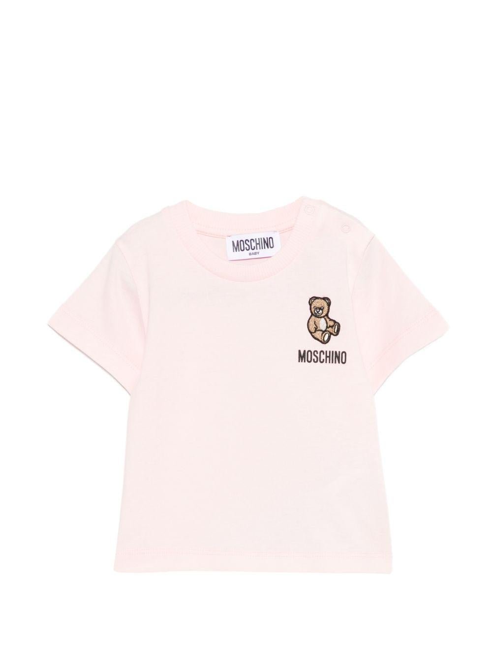 T-shirt per neonata Moschino Kids rosa con ricamo orsetto - Rubino Kids