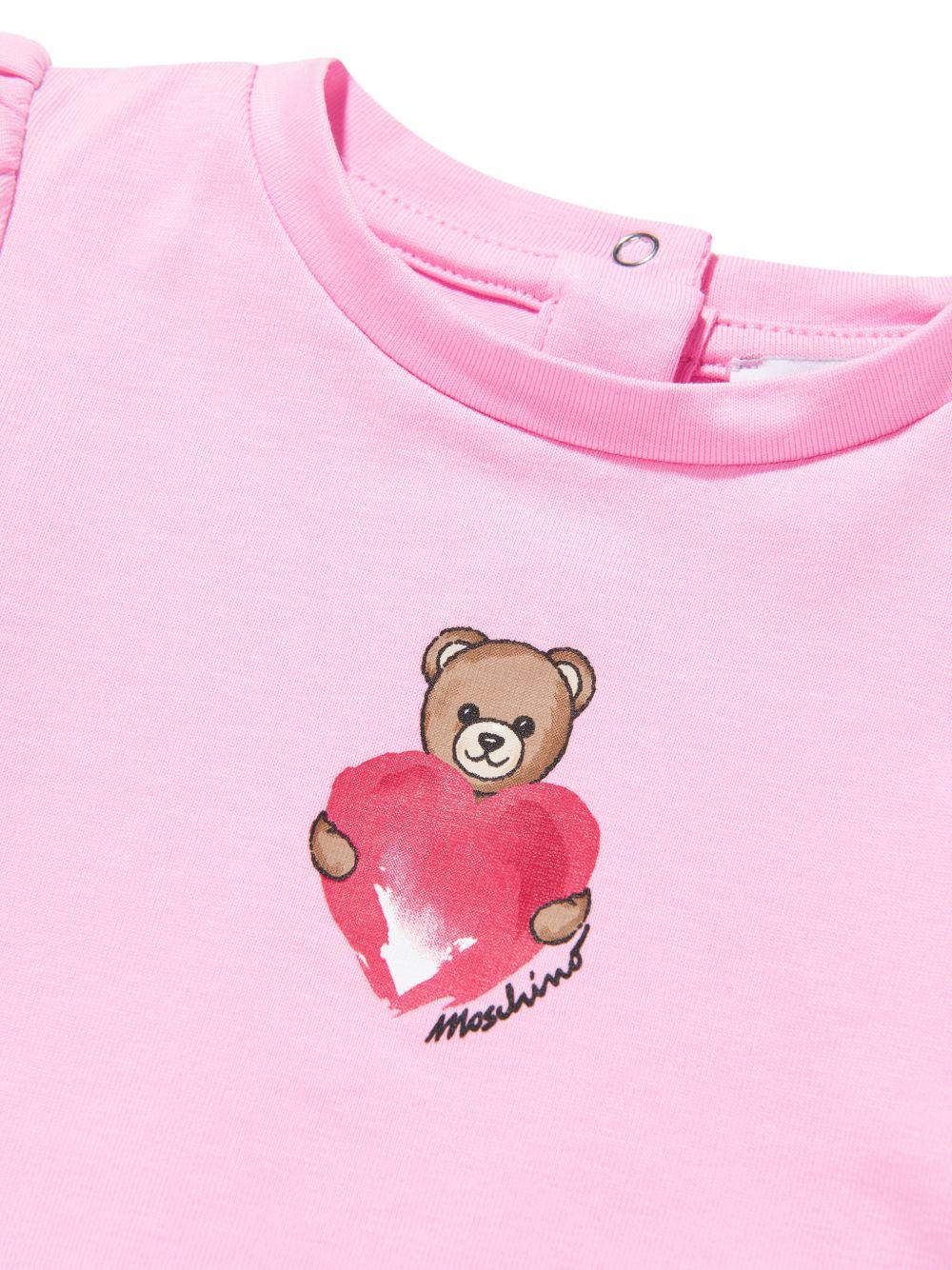 T-shirt per neonata Moschino Kids rosa con stampa Teddy Bear con cuore - Rubino Kids