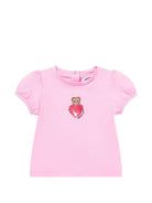 T-shirt per neonata Moschino Kids rosa con stampa Teddy Bear con cuore - Rubino Kids